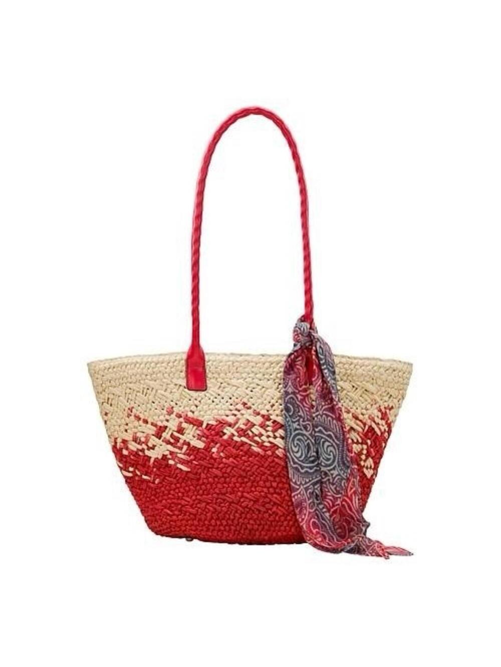 $199 Patricia Nash Calypso Woven Straw Tote Scarf Passion Chocolate Multi Red
